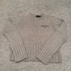 DKNY Women's V-Neck Cropped Sweater Gray With Black Print Logo Preppy Size L